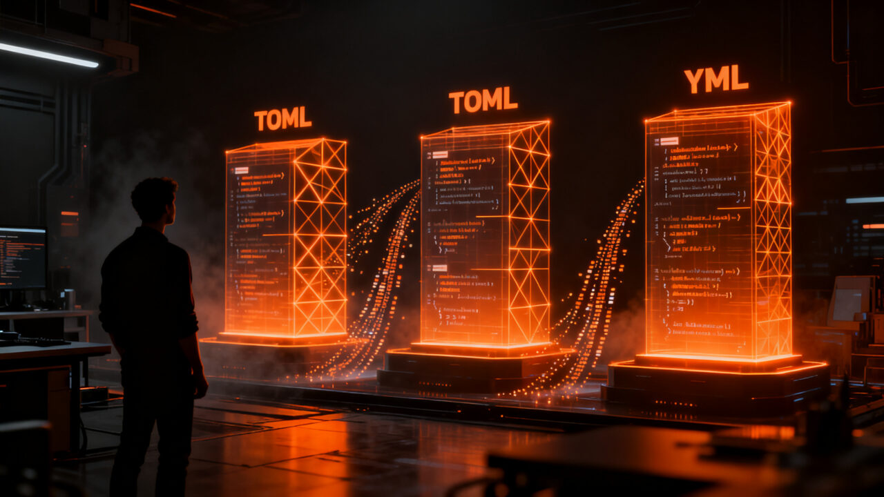Desarrollador analizando estructuras de archivos de configuración JSON, TOML y YAML en un entorno de desarrollo tecnológico.