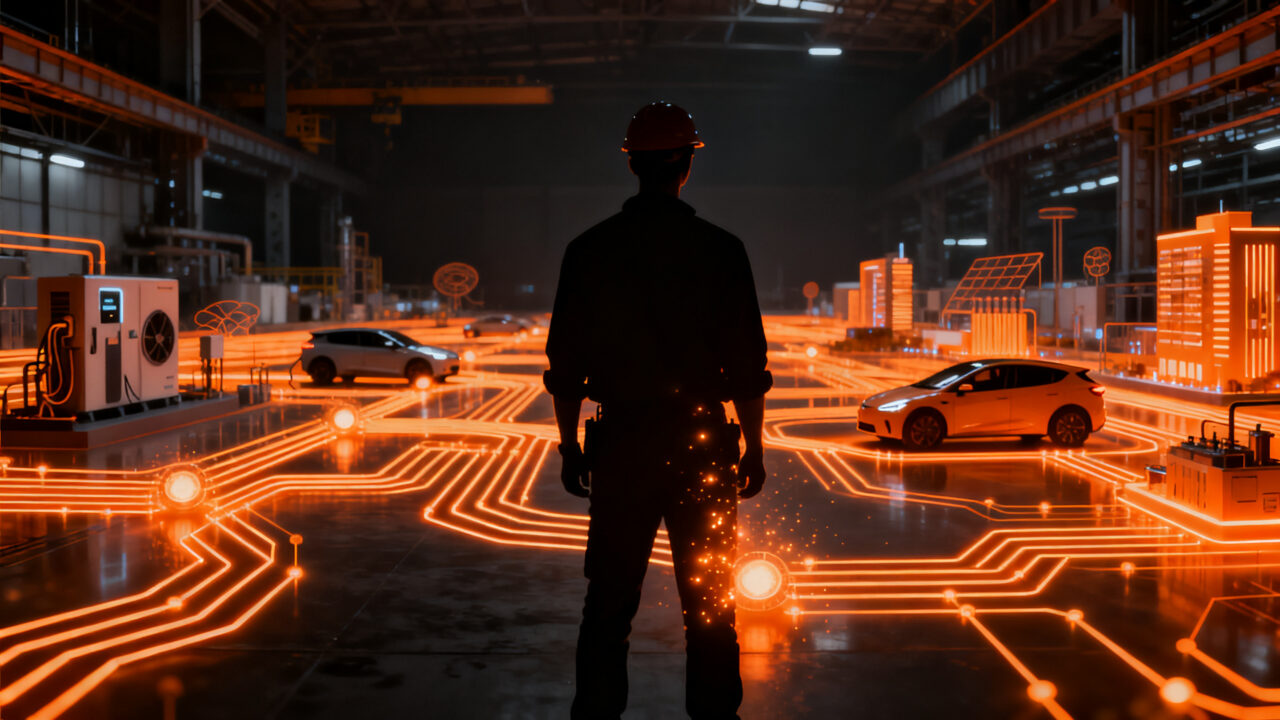 Visualización de la transición energética y eficiencia mediante electrificación, mostrando un futuro sostenible con vehículos eléctricos y edificios inteligentes.