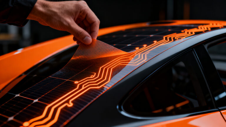 Panel solar flexible ElectroFlex de SolarWindow aplicado sobre una superficie curva, representando la innovación en tecnología fotovoltaica para OEMs.