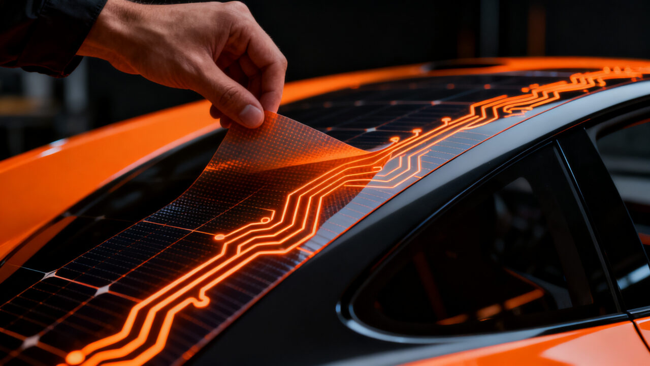 Panel solar flexible ElectroFlex de SolarWindow aplicado sobre una superficie curva, representando la innovación en tecnología fotovoltaica para OEMs.