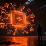 Profesional de hardware analizando arquitectura de semiconductores IA bajo normativas de ciberresiliencia en feria tecnológica.