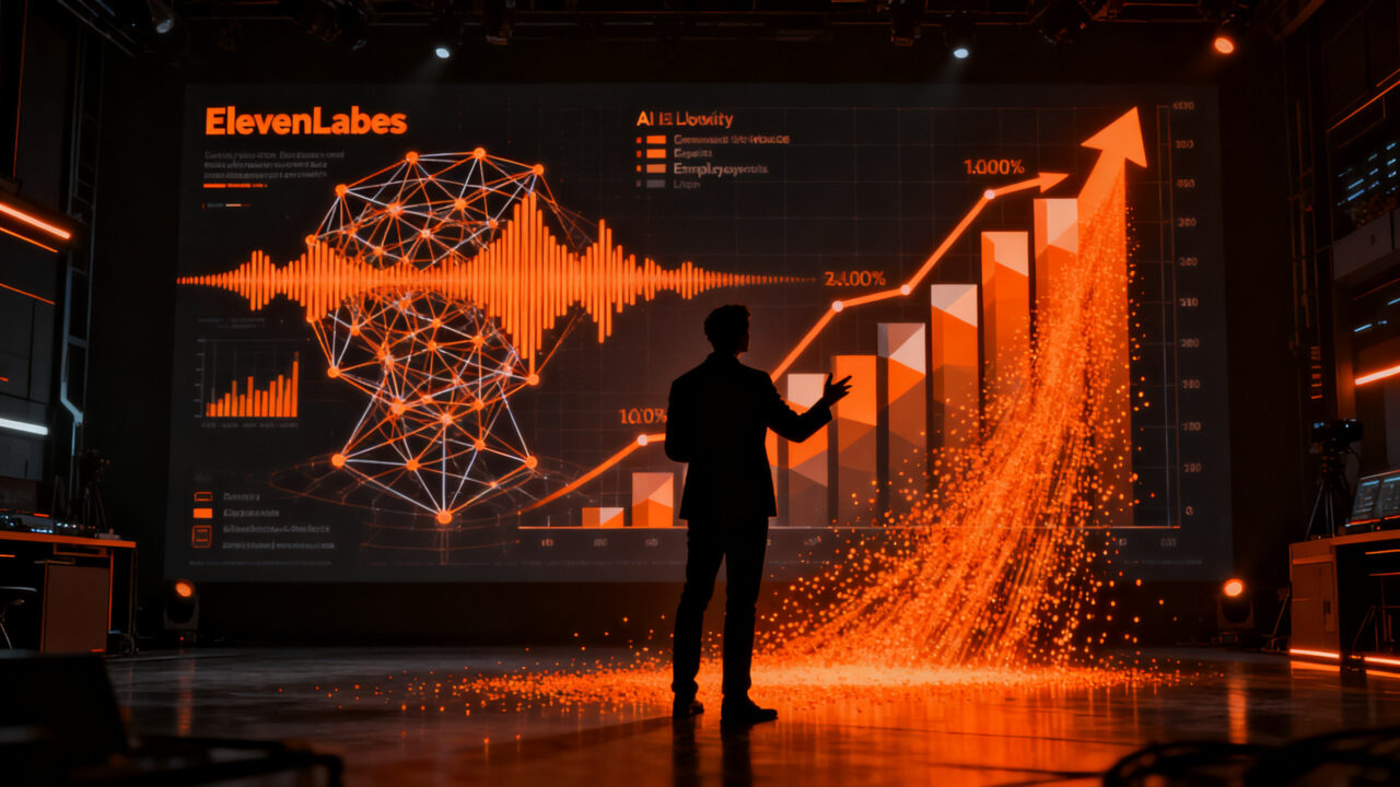 Emprendedor analizando ondas sonoras digitales de IA, representando el crecimiento de ElevenLabs y su valoración de 22 mil millones de dólares.
