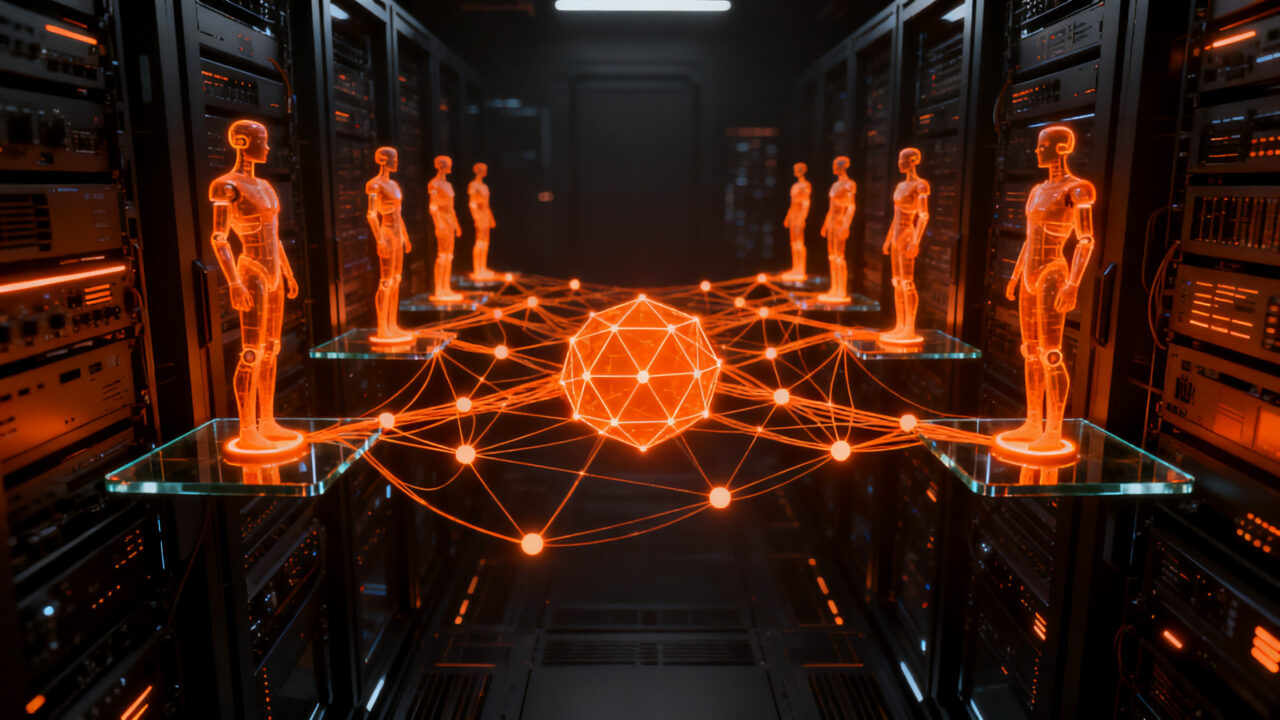 Agentes de IA colaborando a través del protocolo Elladex, representando la interoperabilidad y redes neuronales descentralizadas.