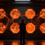 Agentes de IA creando un lenguaje propio en mundos simulados, concepto de comportamiento emergente y seguridad en inteligencia artificial.