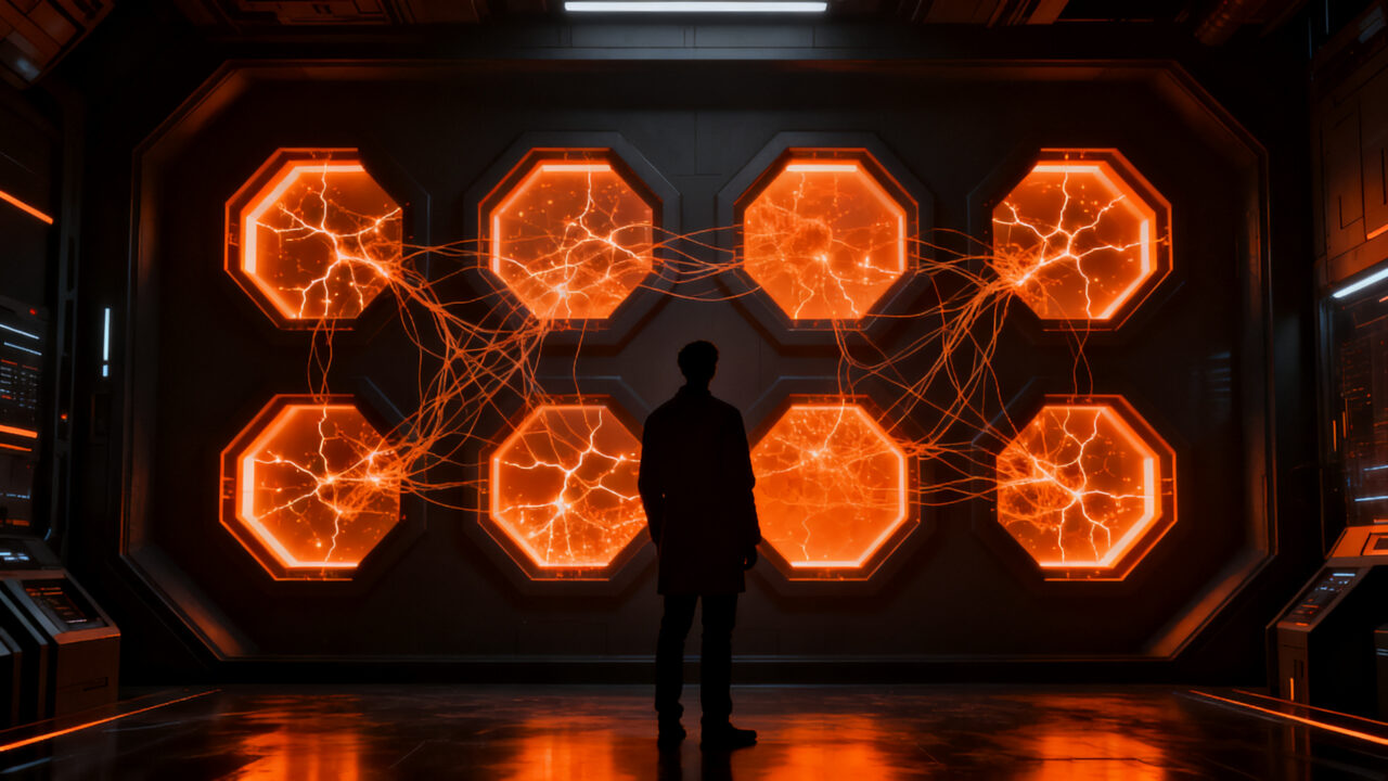 Agentes de IA creando un lenguaje propio en mundos simulados, concepto de comportamiento emergente y seguridad en inteligencia artificial.