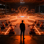 Silueta de un profesional de logística frente a una estructura industrial futurista en Empack 2026 en Madrid, representando innovación y automatización.