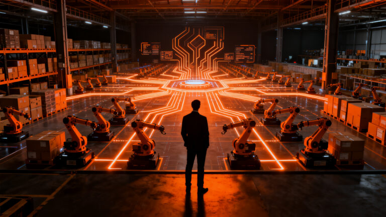 Silueta de un profesional de logística frente a una estructura industrial futurista en Empack 2026 en Madrid, representando innovación y automatización.