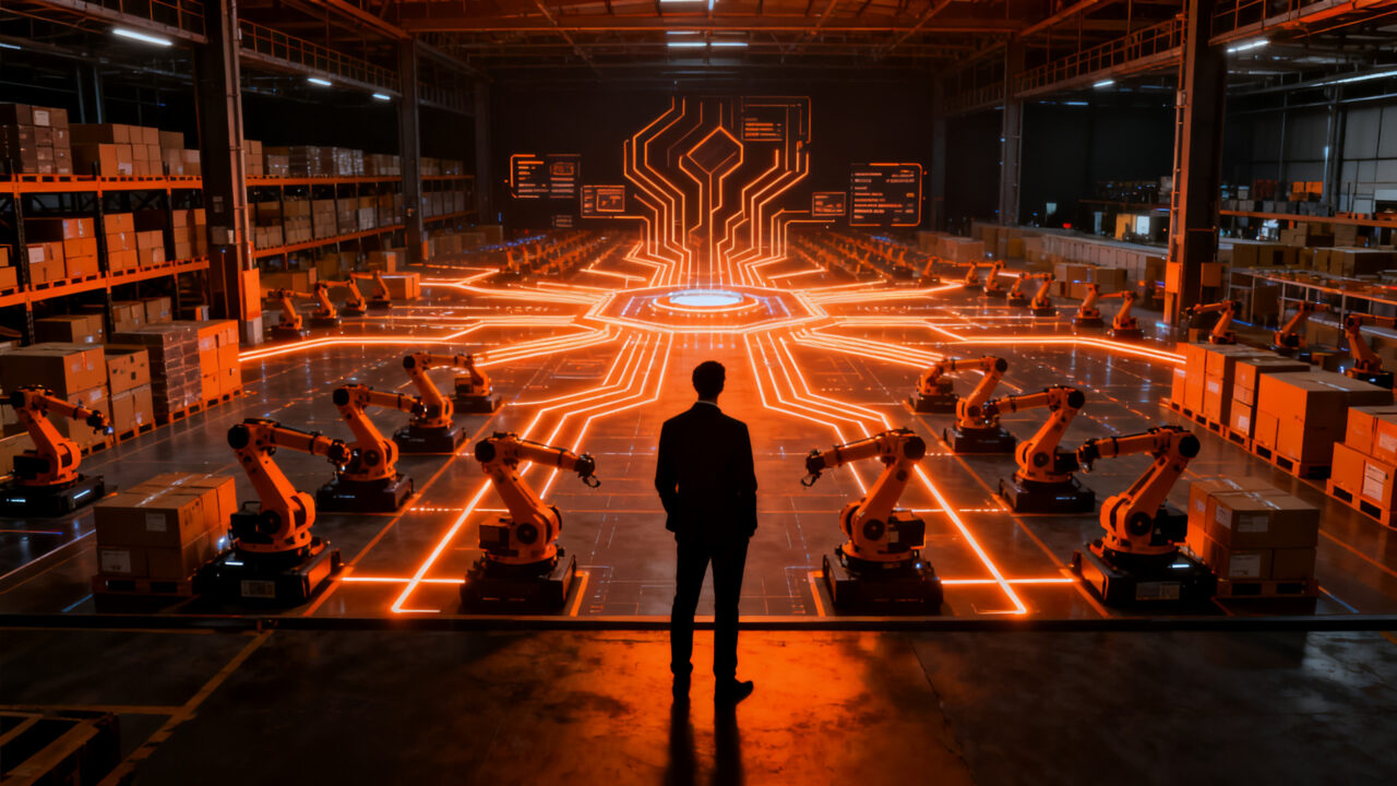 Silueta de un profesional de logística frente a una estructura industrial futurista en Empack 2026 en Madrid, representando innovación y automatización.