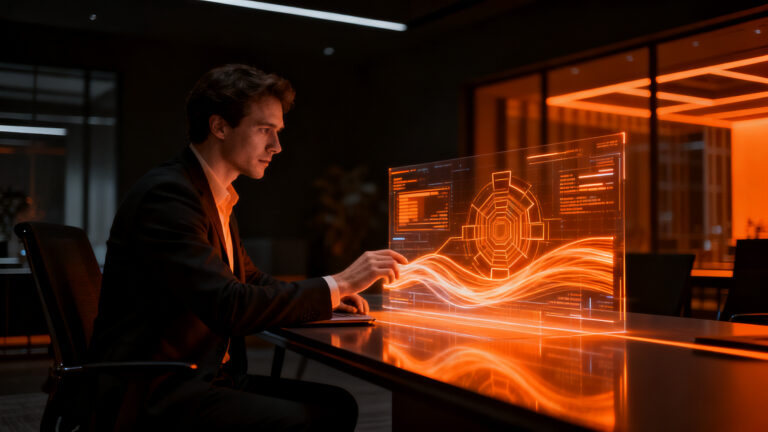 Profesional en una oficina moderna utilizando herramientas de inteligencia artificial para aumentar la productividad laboral en España.