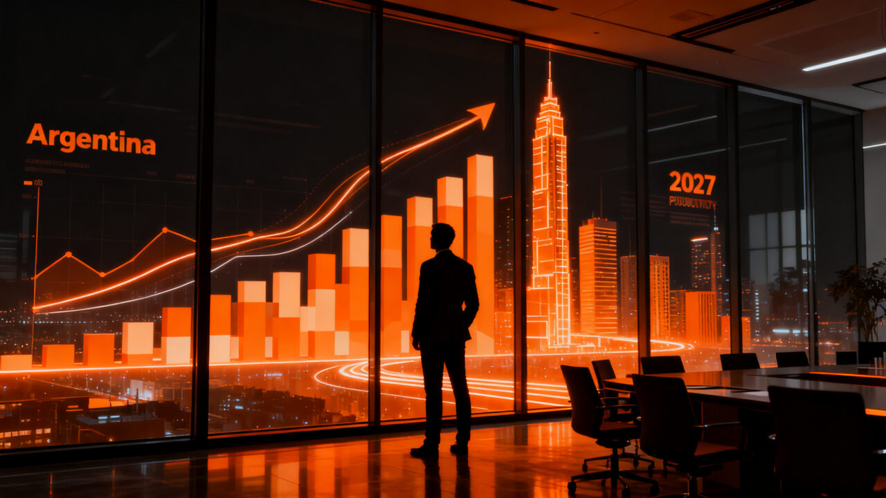 Empresarios argentinos analizando proyecciones de crecimiento económico y aumento de ventas hacia 2027.