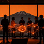 Emprendedores reunidos en un evento de networking en Puerto Varas discutiendo innovación y biotecnología en Chile.