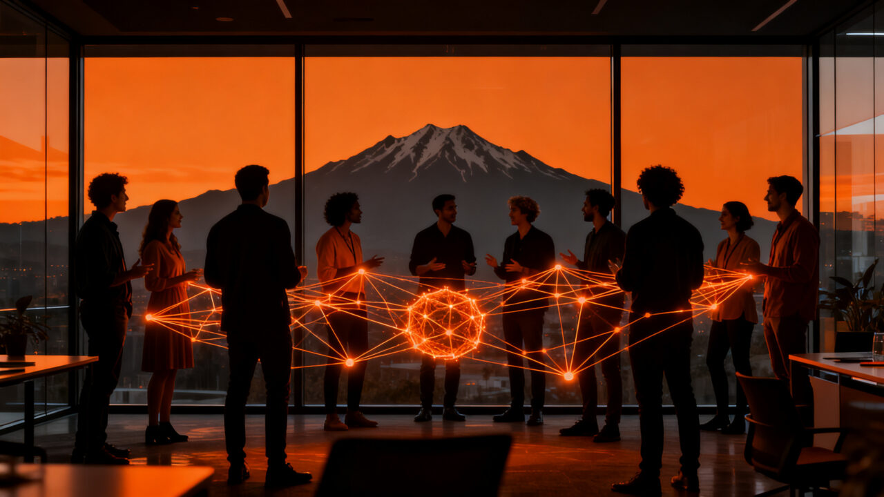 Emprendedores reunidos en un evento de networking en Puerto Varas discutiendo innovación y biotecnología en Chile.