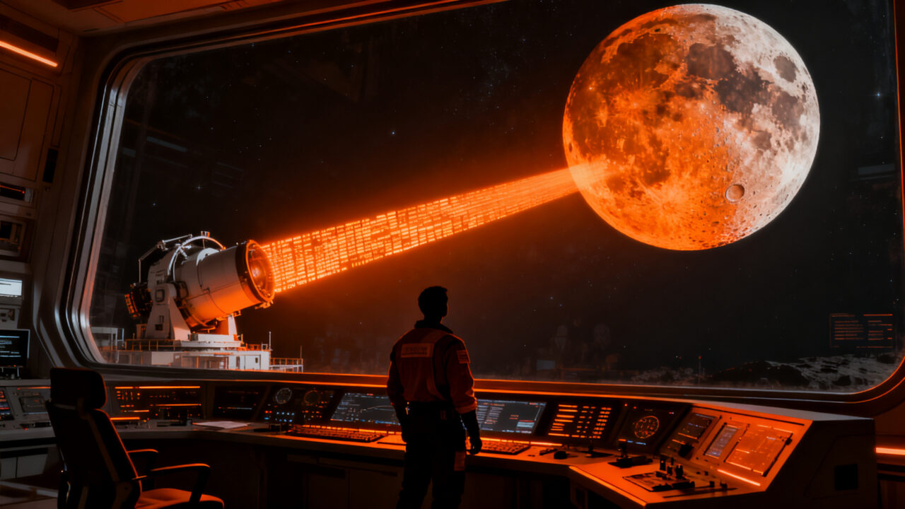 Ingeniero observando un enlace de comunicación láser de alta velocidad entre la Tierra y la Luna, tecnología espacial china.