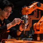 Ingeniero industrial supervisando la integración de sistemas de seguridad en un brazo robótico colaborativo, representando la automatización y seguridad industrial en España.