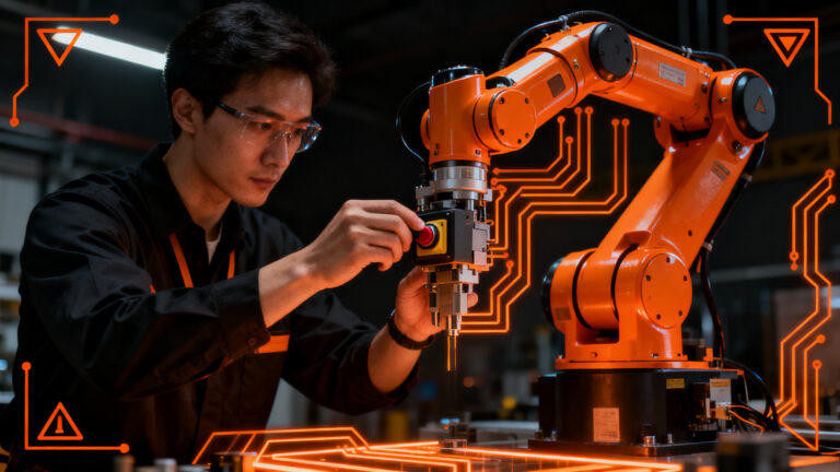 Ingeniero industrial supervisando la integración de sistemas de seguridad en un brazo robótico colaborativo, representando la automatización y seguridad industrial en España.