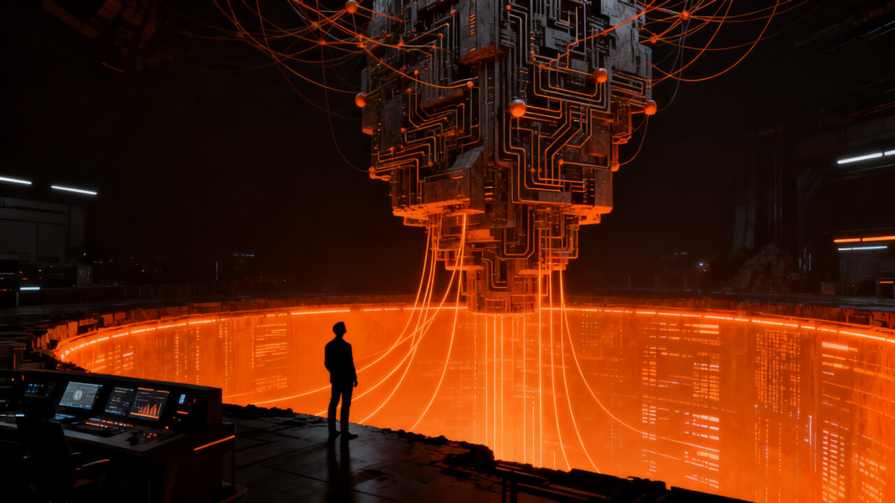 Fundador de startup frente a una gigantesca estructura de IA, simbolizando la estrategia y defensibilidad ante la competencia de OpenAI en TechCrunch Disrupt 2026.