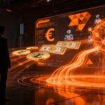 Representación conceptual del euro digital y agentes de IA en el ecosistema fintech europeo, impulsando pagos automáticos.