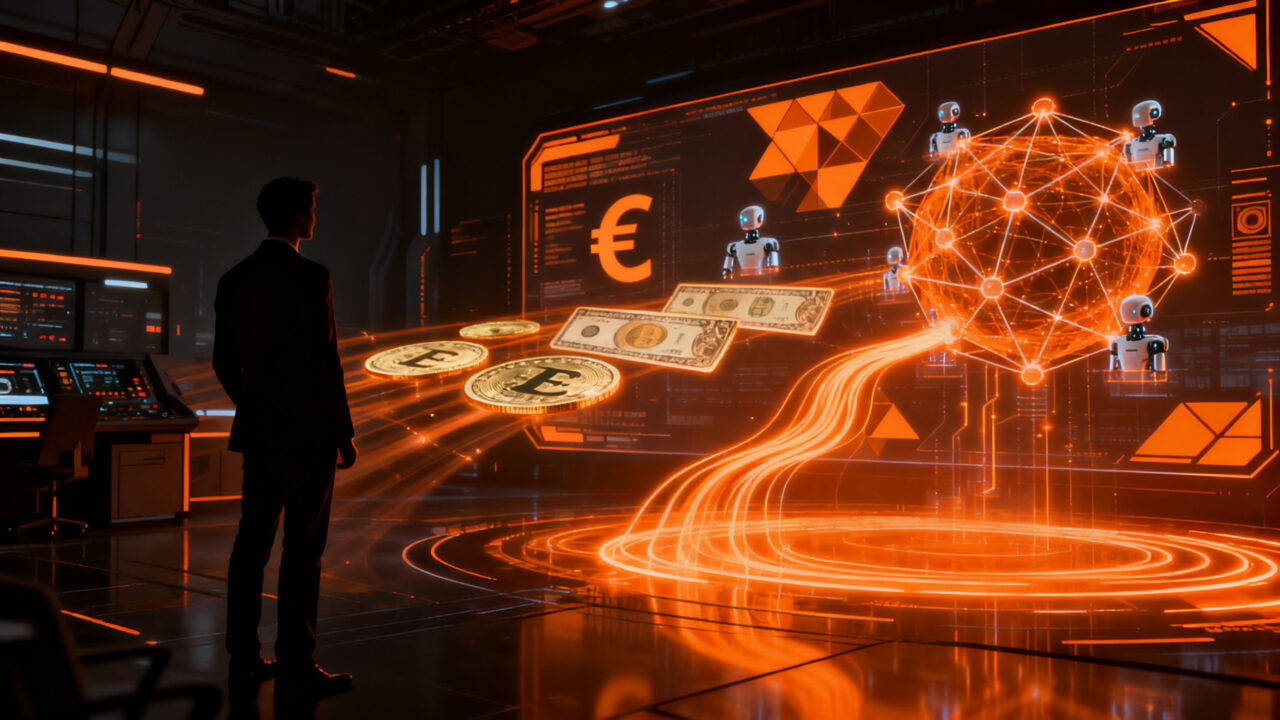 Representación conceptual del euro digital y agentes de IA en el ecosistema fintech europeo, impulsando pagos automáticos.