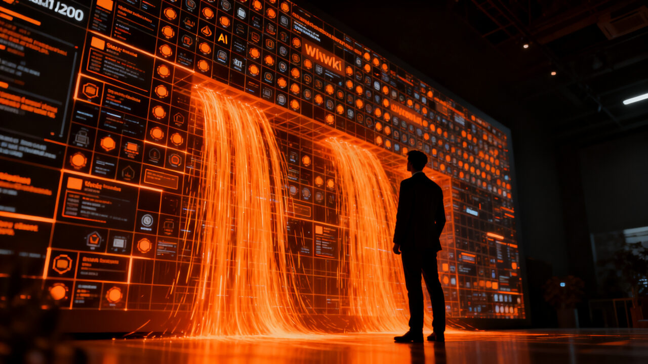 Agentes de IA colaborando en una red digital, representando la evolución de herramientas internas hacia plataformas de inteligencia artificial seguras.