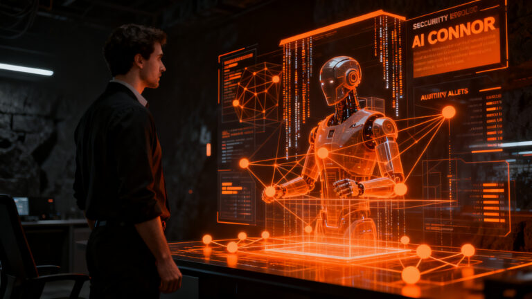 Agente de IA CONNOR de Evolutia analizando ciberamenazas en un SOC automatizado para sectores regulados.