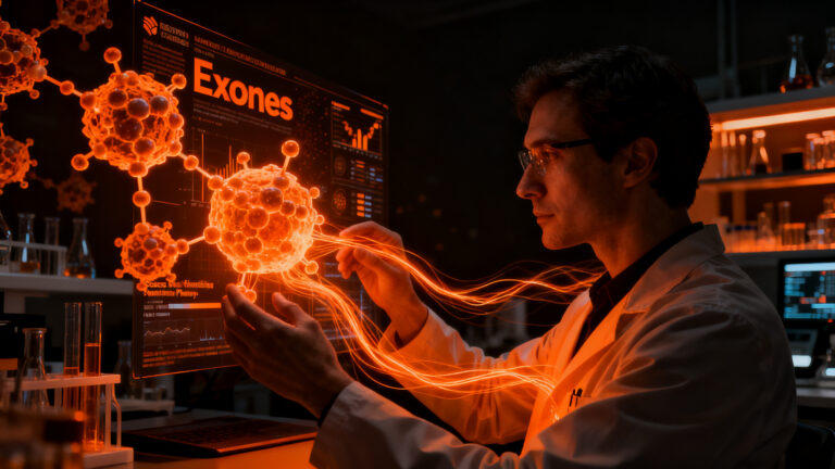 Científico trabajando en laboratorio biotecnológico para el desarrollo de terapias contra el Parkinson, representando la innovación de la startup argentina Exomas.