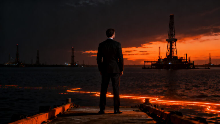 Empresarios frente a instalaciones petroleras en el Lago de Maracaibo, simbolizando la restitución de activos y la inversión en Venezuela.