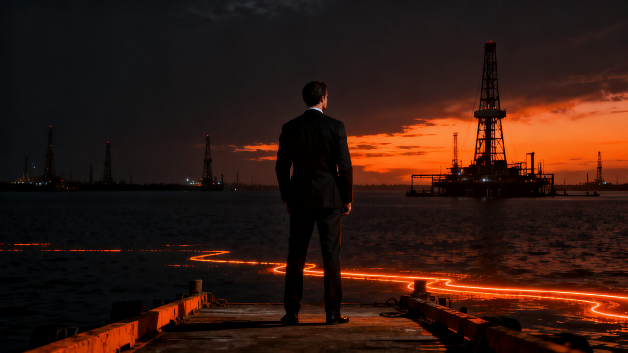 Empresarios frente a instalaciones petroleras en el Lago de Maracaibo, simbolizando la restitución de activos y la inversión en Venezuela.