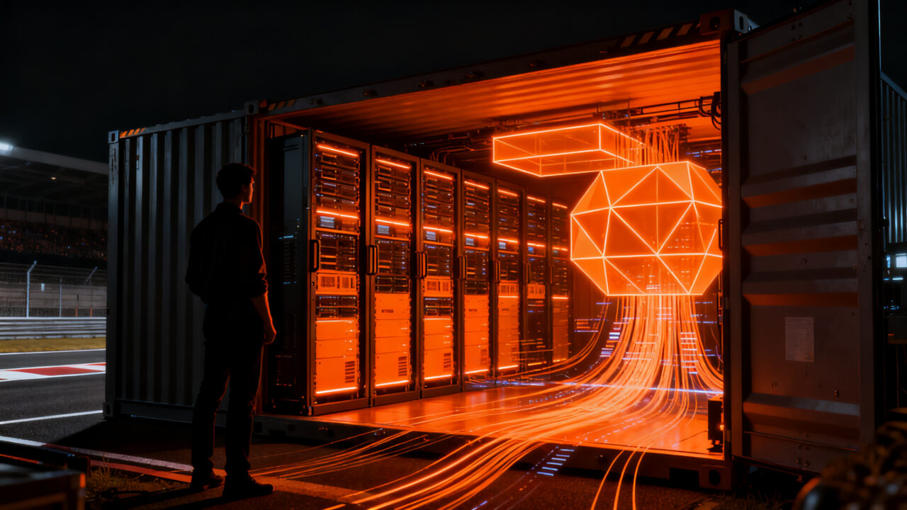 Infraestructura tecnológica de alto rendimiento en la Fórmula 1, representando el edge computing y la gestión masiva de datos en tiempo real.
