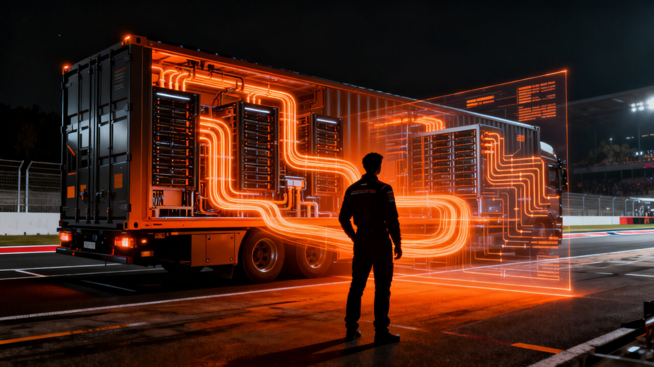 Centro de datos itinerante de la Fórmula 1 con tecnología Lenovo y refrigeración líquida para producción remota.