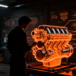 Ingeniero de automoción analizando motor V8 turbo de Fórmula 1, representando el cambio tecnológico en la estrategia de la industria automotriz 2030.