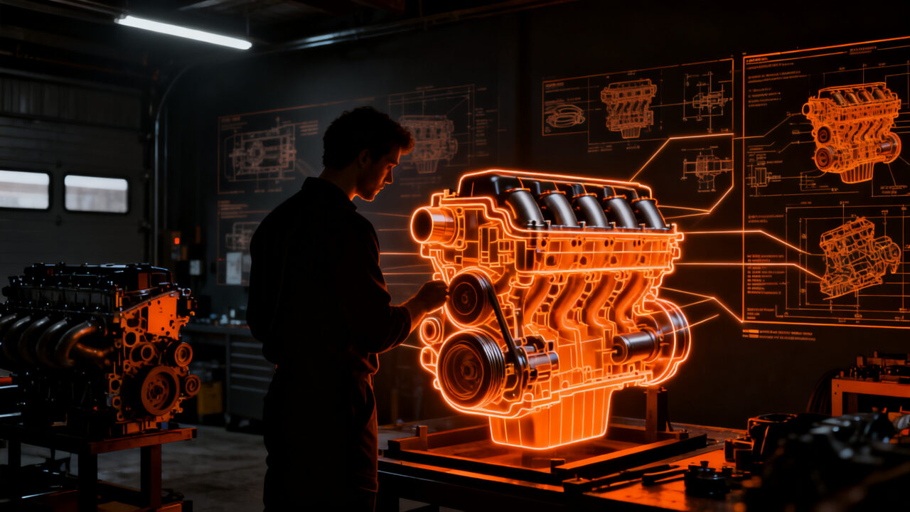 Ingeniero de automoción analizando motor V8 turbo de Fórmula 1, representando el cambio tecnológico en la estrategia de la industria automotriz 2030.
