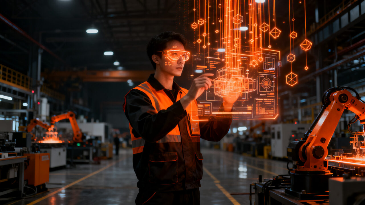 Operario interactuando con interfaz digital en una smart factory, representando la transformación hacia la Industria 5.0 y la gestión del conocimiento.