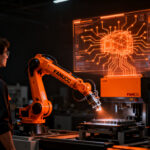 Robot industrial de FANUC integrado con tecnología de IA de NVIDIA para automatización de fábricas inteligentes.