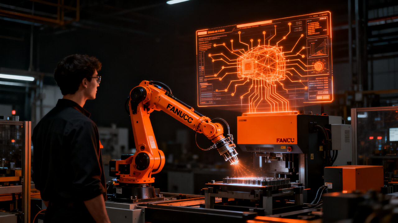 Robot industrial de FANUC integrado con tecnología de IA de NVIDIA para automatización de fábricas inteligentes.