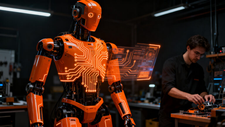 Robot humanoide modular de Feather Robotics en un entorno de laboratorio de desarrollo tecnológico.