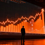 Economista analizando gráficas de tasas de interés de la Reserva Federal, representando el impacto macroeconómico en el ecosistema startup.