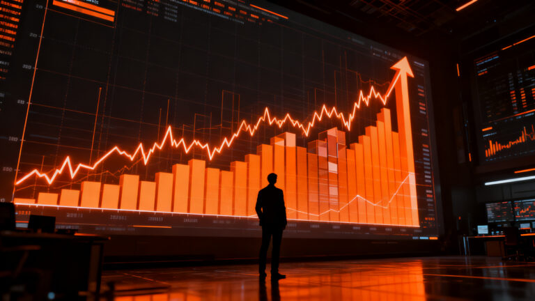 Economista analizando gráficas de tasas de interés de la Reserva Federal, representando el impacto macroeconómico en el ecosistema startup.