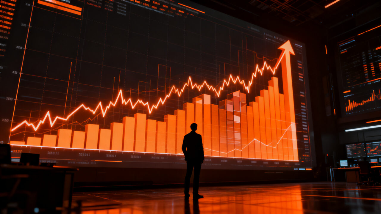 Economista analizando gráficas de tasas de interés de la Reserva Federal, representando el impacto macroeconómico en el ecosistema startup.