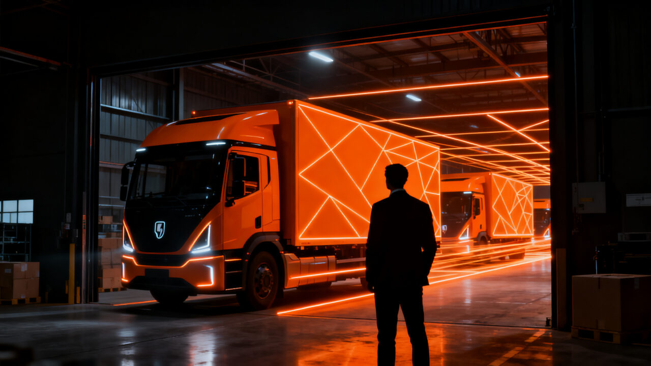 Camiones eléctricos de Harbinger en una flota de FedEx, representando la electrificación y la inversión masiva en logística sostenible.