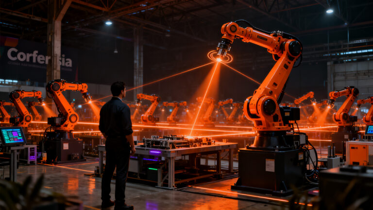 Exhibición de robótica industrial y automatización 4.0 en la Feria Internacional Industrial de Bogotá FIB 2026 en Corferias.