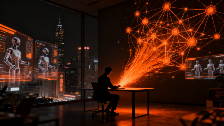 Emprendedor operando una empresa unipersonal con IA en China, representando la nueva ola de productividad tecnológica.