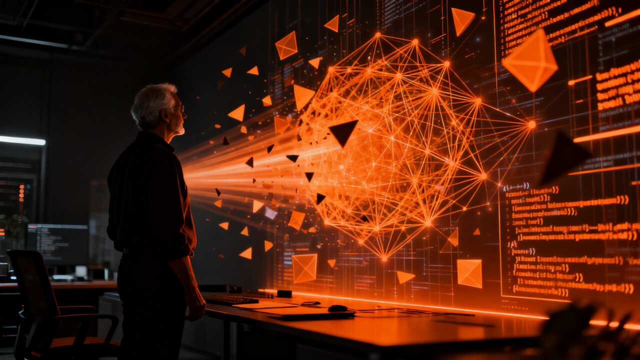Ingeniero de software observando la transformación del código por la inteligencia artificial, representando el futuro del trabajo tech.
