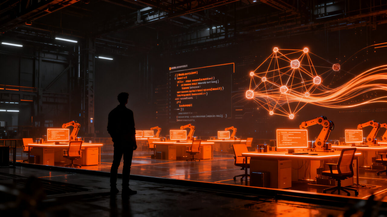 Desarrollador observando una fábrica automatizada de agentes de IA, simbolizando el cambio en el desarrollo open source y el fin de los PRs externos.