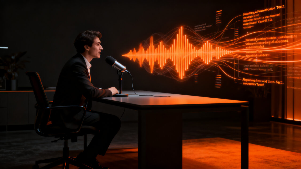 Profesional utilizando herramientas de dictado por voz con IA para mejorar la productividad SaaS y la toma de notas en reuniones.