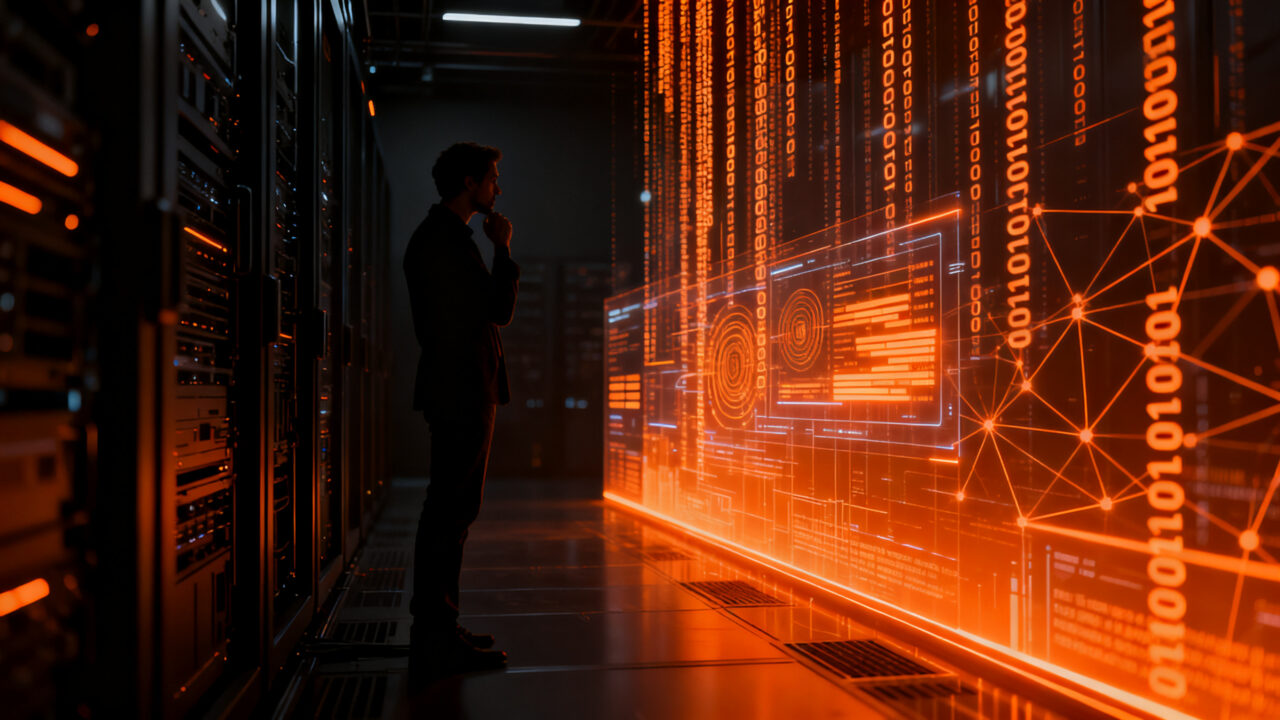 Silueta de un desarrollador frente a una pantalla de datos de telemetría de Firefox, representando el desafío de la privacidad en la era de la IA.