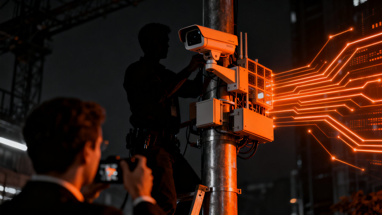 Técnico de Flock Safety en una escena de vigilancia urbana, representando los desafíos de la privacidad y ética tecnológica.