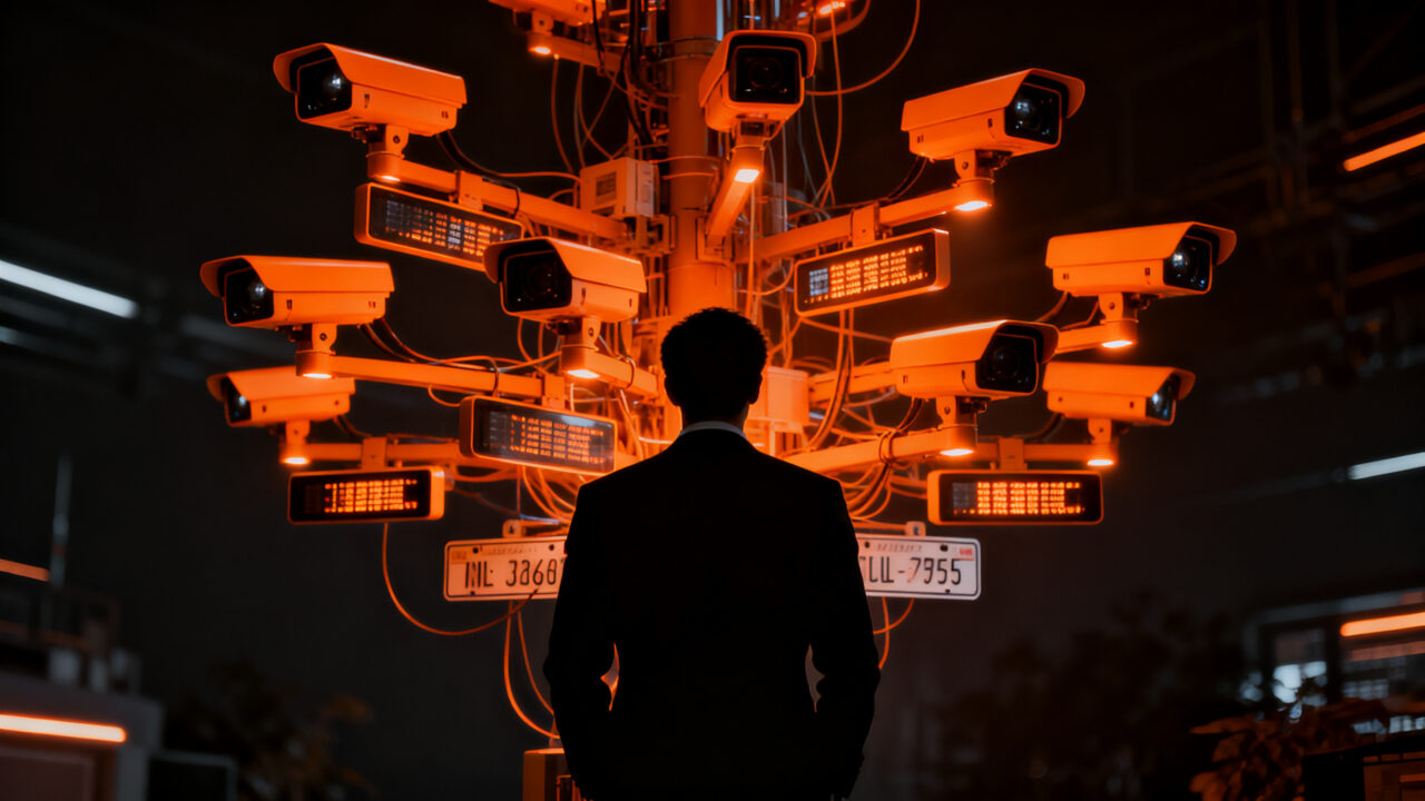 Silueta de un empleado de Flock Safety frente a una red de vigilancia urbana, representando la crisis y reestructuración de la startup.