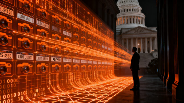 Silueta de un ejecutivo frente a una red masiva de vigilancia con IA, representando el debate sobre privacidad y regulación en startups GovTech.
