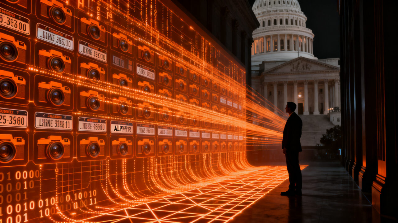 Silueta de un ejecutivo frente a una red masiva de vigilancia con IA, representando el debate sobre privacidad y regulación en startups GovTech.