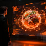 Profesional del sector foodtech analizando datos de nutrición de precisión e innovación alimentaria en un entorno tecnológico avanzado.